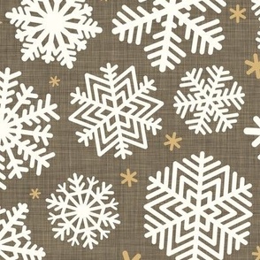 Let It Snow- Snowflakes on Linen Texture Background- Bark Brown- Winter- Holidays- Christmas- Multidirectional- Large Scale- Eart Tones- Bohemian Christmas