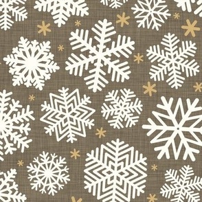 Let It Snow- Snowflakes on Linen Texture Background- Bark Brown- Winter- Holidays- Christmas- Multidirectional- Medium- Eart Tones- Bohemian Christmas