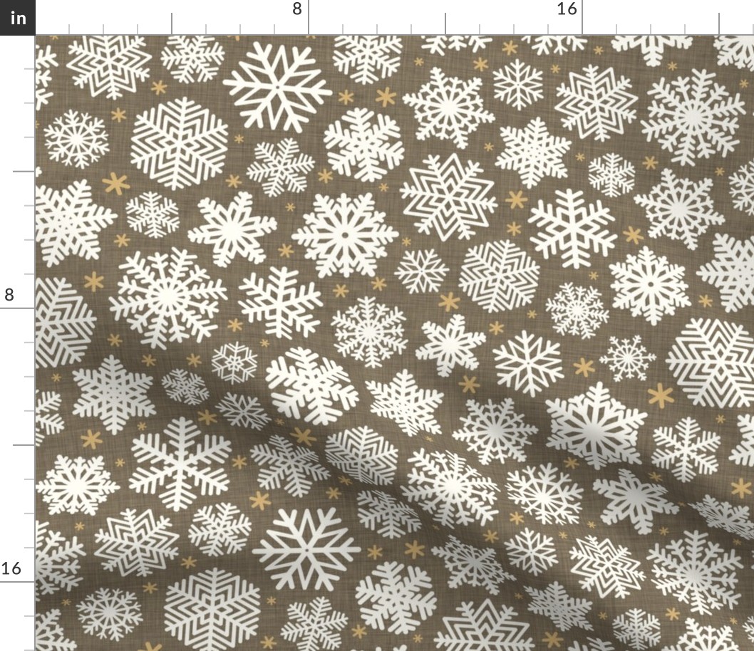 Let It Snow- Snowflakes on Linen Texture Background- Bark Brown- Winter- Holidays- Christmas- Multidirectional- Medium- Eart Tones- Bohemian Christmas