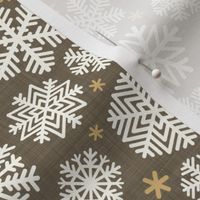 Let It Snow- Snowflakes on Linen Texture Background- Bark Brown- Winter- Holidays- Christmas- Multidirectional- Small Scale- Eart Tones- Bohemian Christmas