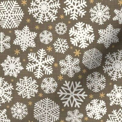 Let It Snow- Snowflakes on Linen Texture Background- Bark Brown- Winter- Holidays- Christmas- Multidirectional- Small Scale- Eart Tones- Bohemian Christmas