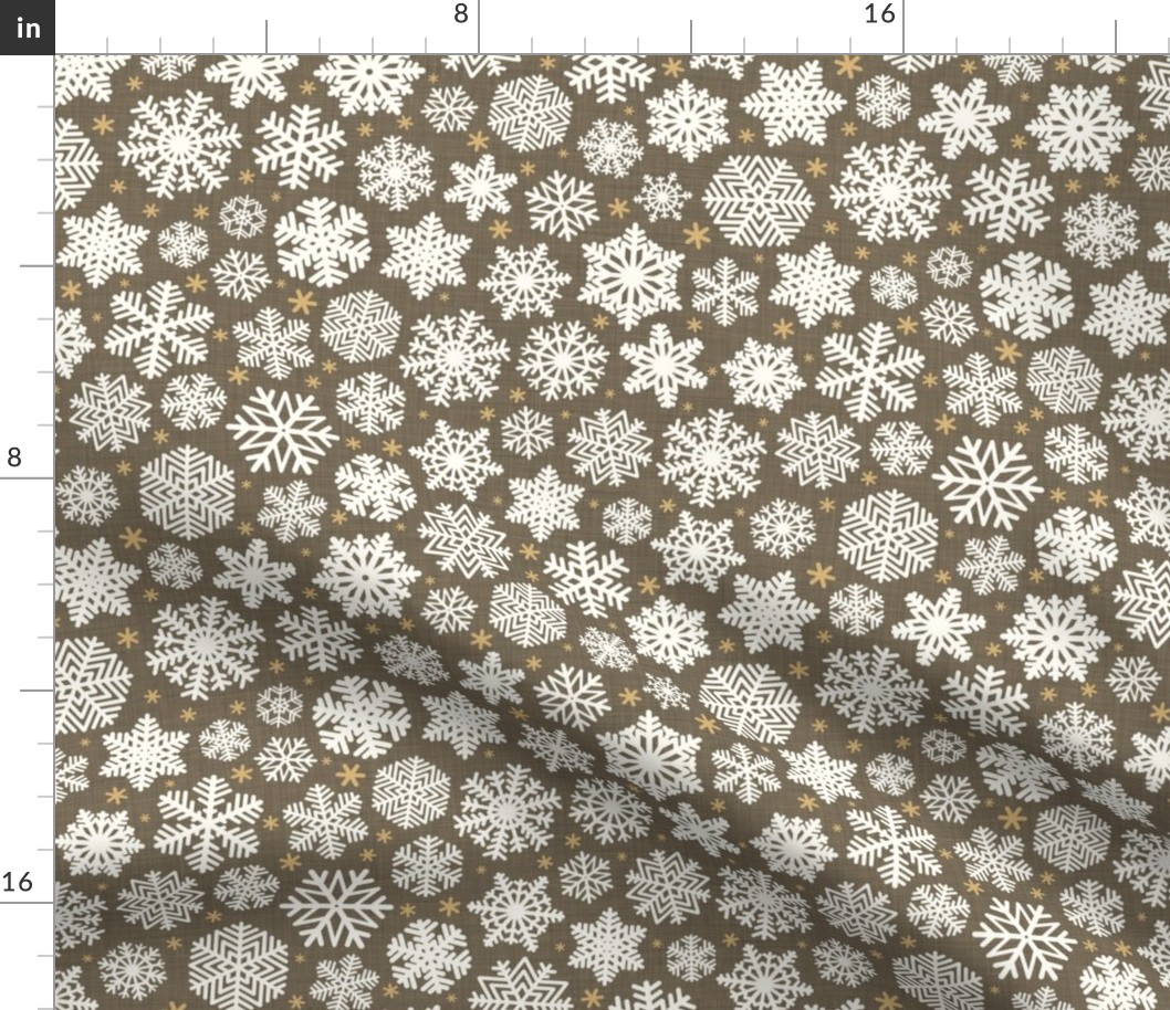 Let It Snow- Snowflakes on Linen Texture Background- Bark Brown- Winter- Holidays- Christmas- Multidirectional- Small Scale- Eart Tones- Bohemian Christmas