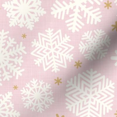 Let It Snow- Snowflakes on Linen Texture Background- Cotton Candy Pink- Winter- Holidays- Christmas- Multidirectional- Large Scale- Soft Pastel Colors- Baby Christmas Blanket