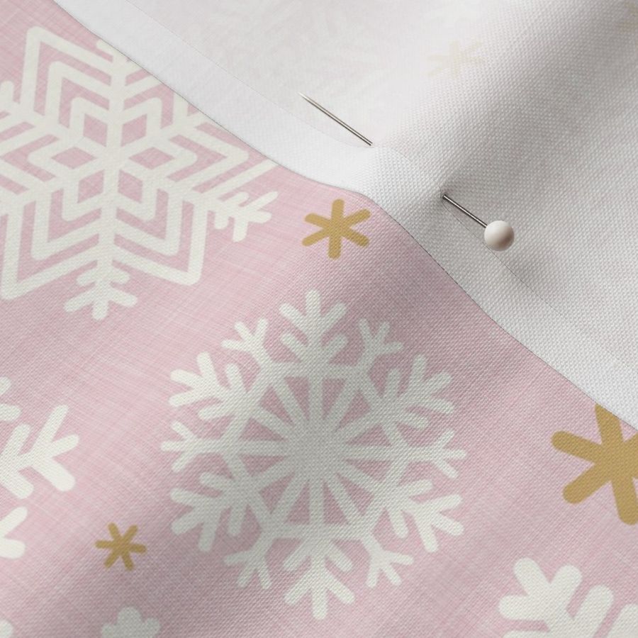 Let It Snow- Snowflakes on Linen Texture Background- Cotton Candy Pink- Winter- Holidays- Christmas- Multidirectional- Medium- Soft Pastel Colors- Baby Christmas Blanket