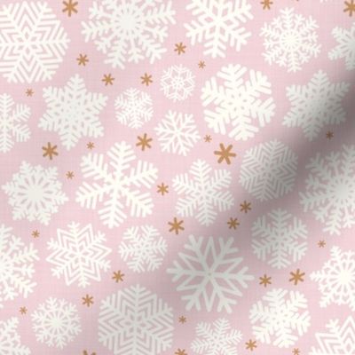 Let It Snow- Snowflakes on Linen Texture Background- Cotton Candy Pink- Winter- Holidays- Christmas- Multidirectional- Small Scale- Soft Pastel Colors- Baby Christmas Blanket