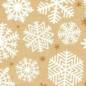 Let It Snow- Snowflakes on Linen Texture Background- Honey- Mustard- Yellow- Gold- Winter- Holidays- Christmas- Multidirectional- Large Scale- Pastel Earth Tones- Baby Christmas Blanket