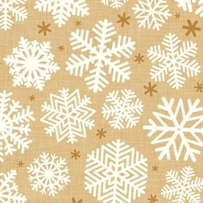 Let It Snow- Snowflakes on Linen Texture Background- Honey- Mustard- Yellow- Gold- Winter- Holidays- Christmas- Multidirectional- Medium- Pastel Earth Tones- Baby Christmas Blanket