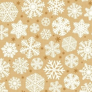 Let It Snow- Snowflakes on Linen Texture Background- Honey- Mustard- Yellow- Gold- Winter- Holidays- Christmas- Multidirectional- Small Scale- Pastel Earth Tones- Baby Christmas Blanket