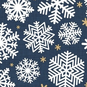 Let It Snow- Snowflakes on Linen Texture Background- Navy Blue- Winter- Holidays- Christmas- Multidirectional- Large Scale- Hanukkah