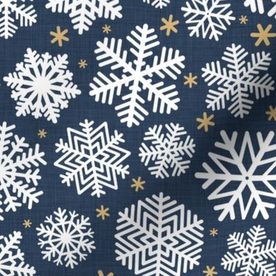Let It Snow- Snowflakes on Linen Texture Background- Navy Blue- Winter- Holidays- Christmas- Multidirectional- Medium- Hanukkah