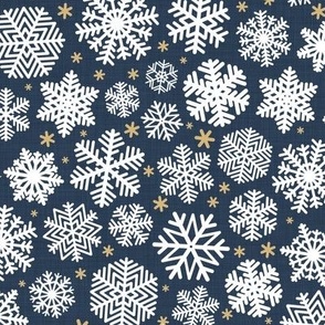 Let It Snow- Snowflakes on Linen Texture Background- Navy Blue- Winter- Holidays- Christmas- Multidirectional- Small Scale- Hanukkah