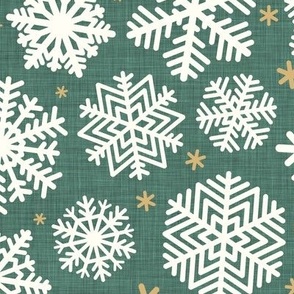 Let It Snow- Snowflakes on Linen Texture Background- Pine Green- Emeral- Kelly Green- Winter- Holidays- Christmas- Multidirectional- Large Scale- Classic Christmas