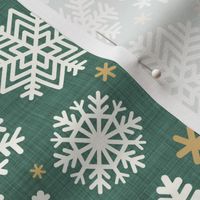Let It Snow- Snowflakes on Linen Texture Background- Pine Green- Emeral- Kelly Green- Winter- Holidays- Christmas- Multidirectional- Medium- Classic Christmas