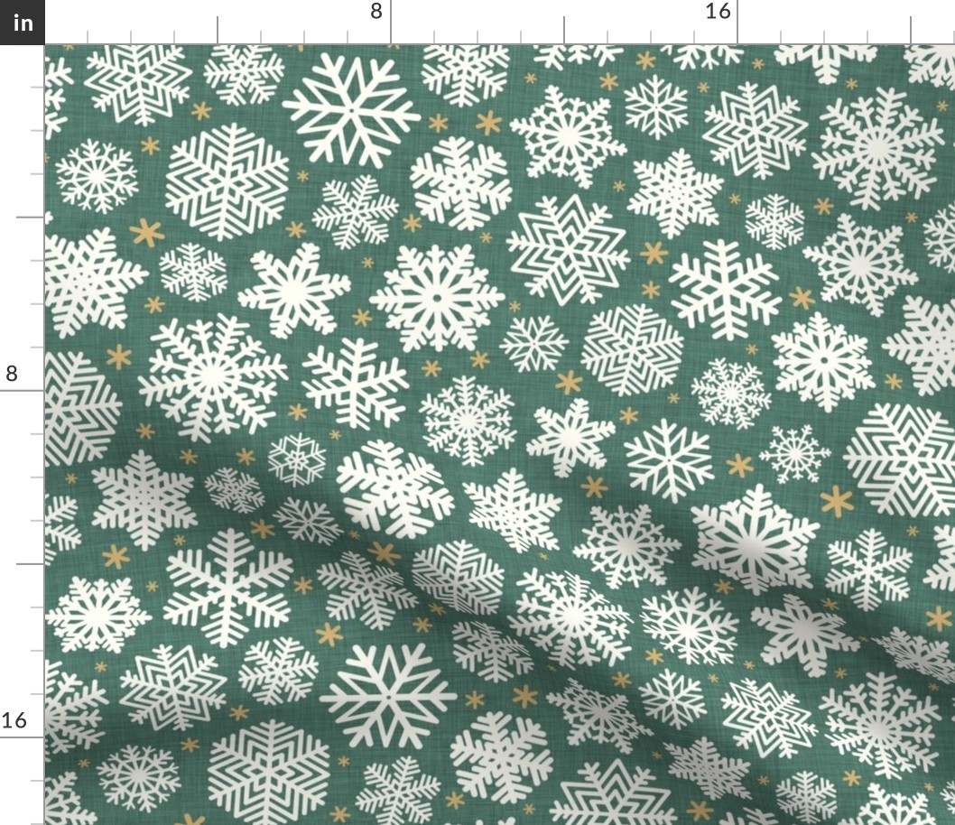 Let It Snow- Snowflakes on Linen Texture Background- Pine Green- Emeral- Kelly Green- Winter- Holidays- Christmas- Multidirectional- Medium- Classic Christmas