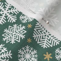 Let It Snow- Snowflakes on Linen Texture Background- Pine Green- Emeral- Kelly Green- Winter- Holidays- Christmas- Multidirectional- Small Scale- Classic Christmas