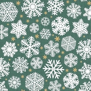 Let It Snow- Snowflakes on Linen Texture Background- Pine Green- Emeral- Kelly Green- Winter- Holidays- Christmas- Multidirectional- Small Scale- Classic Christmas