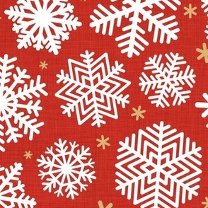 Let It Snow- Snowflakes on Linen Texture Background- Poppy Red- Winter- Holidays- Christmas- Multidirectional- Large Scale- Classic Christmas