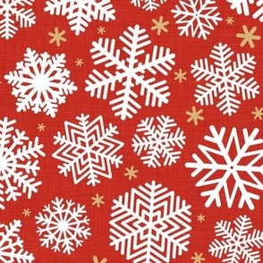 Let It Snow- Snowflakes on Linen Texture Background- Poppy Red- Winter- Holidays- Christmas- Multidirectional- Medium- Classic Christmas