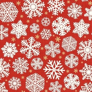 Let It Snow- Snowflakes on Linen Texture Background- Poppy Red- Winter- Holidays- Christmas- Multidirectional- Small Scale- Classic Christmas