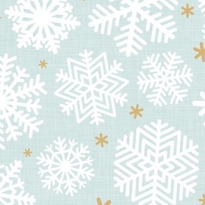 Let It Snow- Snowflakes on Linen Texture Background- Seaglass Blue- Winter- Holidays- Christmas- Multidirectional- Large Scale- Soft Pastel Turquoise- Baby Christmas Blanket
