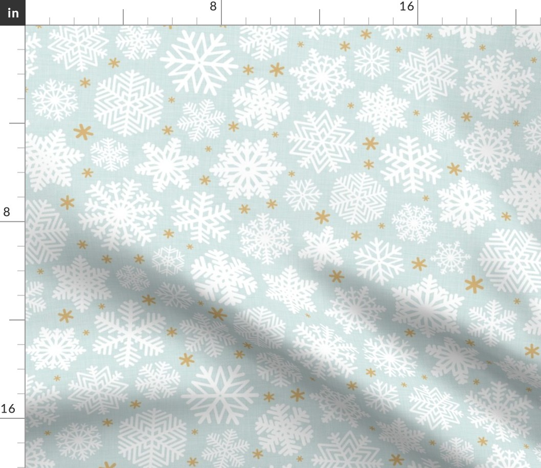 Let It Snow- Snowflakes on Linen Texture Background- Seaglass Blue- Winter- Holidays- Christmas- Multidirectional- Medium- Soft Pastel Turquoise- Baby Christmas Blanket