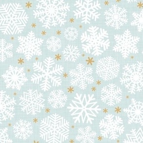 Let It Snow- Snowflakes on Linen Texture Background- Seaglass Blue- Winter- Holidays- Christmas- Multidirectional- Small Scale- Soft Pastel Turquoise- Baby Christmas Blanket