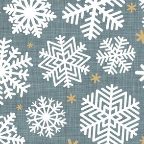 Let It Snow- Snowflakes on Linen Texture Background- Slate Blue- Gray- Grey- Winter- Holidays- Christmas- Multidirectional- Large Scale- Hanukkah