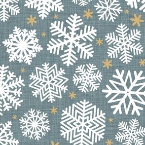 Let It Snow- Snowflakes on Linen Texture Background- Slate Blue- Gray- Grey- Winter- Holidays- Christmas- Multidirectional- Medium- Hanukkah