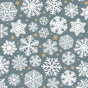 Let It Snow- Snowflakes on Linen Texture Background- Slate Blue- Gray- Grey- Winter- Holidays- Christmas- Multidirectional- Small Scale- Hanukkah