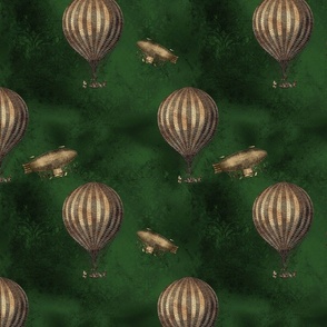 Steampunk Green Hot Air Balloon and Airships