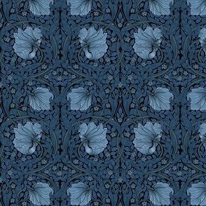 Pimpernel Floral Damask Historic William Morris Vintage Design Midnight Blue Smaller Scale