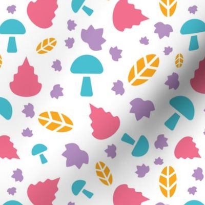 White Autumn Leaves and Mushrooms Pattern