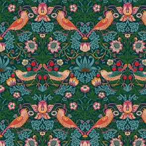 Strawberry Thief by William Morris - LARGE - teal blue pink  Adapation With linen Effect Antiqued art nouveau deco,