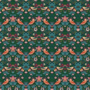 Strawberry Thief by William Morris - SMALL - teal blue pink  Adapation, Antiqued art nouveau deco, With linen Effect