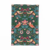 Strawberry Thief by William Morris  - teal blue pink  Adapation With linen Effect- Strawberry Thief art nouveau deco, Antiqued Tea Towel