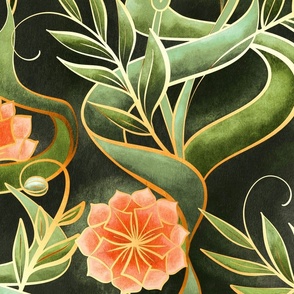 Stylized Art Deco Floral in Olive and Peach - extra-large