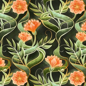 Stylized Art Deco Floral in Olive and Peach - large