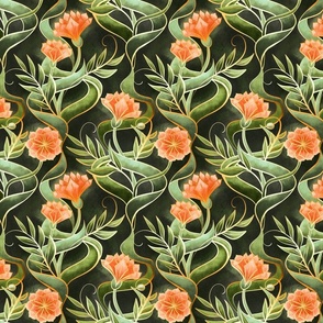 Stylized Art Deco Floral in Olive and Peach - medium