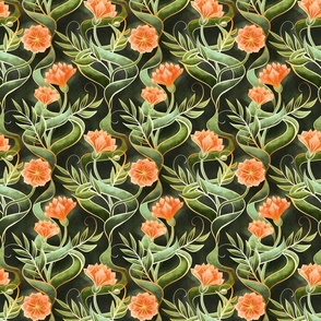Stylized Art Deco Floral in Olive and Peach - small