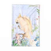 Cockatoo  in beautiful Redouté Roses and Jungle, Passionflower, blue background, Bird Teatowel