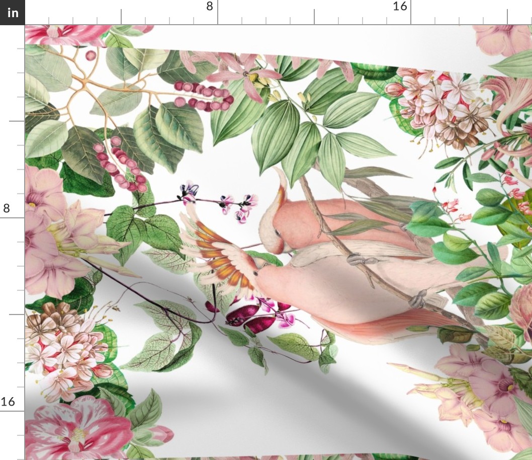 Pink Cockatoo  in beautiful Redouté Flowers and Jungle, white background, Bird Teatowel