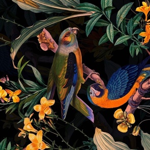 Vintage Hand Painted Exotic Parrots  With Exotic Flowers And Leaves