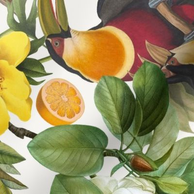 Vintage Hand Painted Exotic Toucans With Exotic Fruits Oranges And Leaves