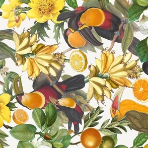 Vintage Hand Painted Exotic Toucans With Exotic Fruits Oranges And Leaves