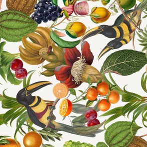 Vintage Hand Painted Exotic Toucans With Exotic Fruits And Leaves Tea Towel