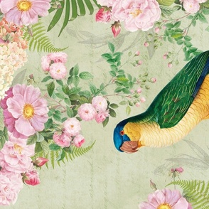 Green And Yellow Parrot  in Vintage Redouté Roses Ferns And Flower Jungle, Bird Teatowel - green