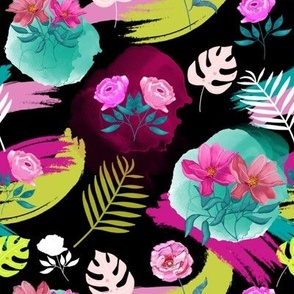 Tropical, Exotic Flowers, Palm and Monstera Leaves on the Black Background Small