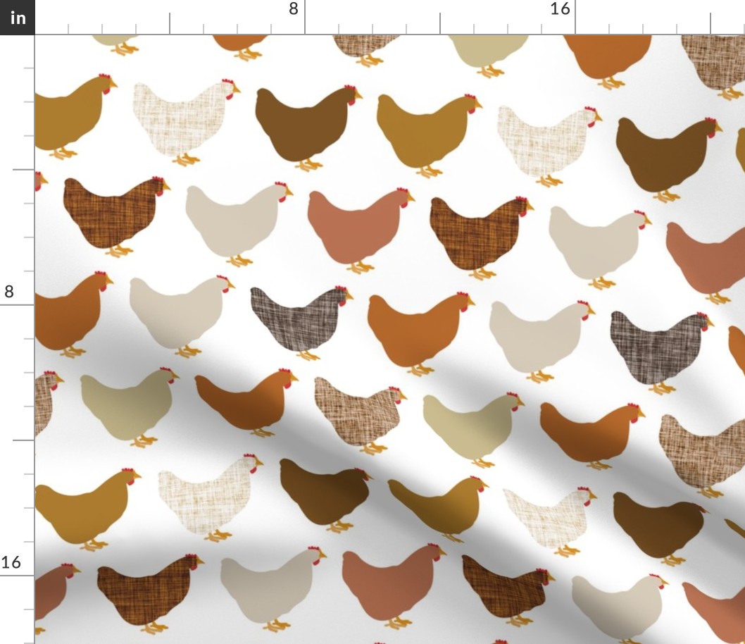 chickens: pumpkin, linen, cider, nougat, copper, champagne linen, tawny linen, mud linen, caramel no. 2 linen