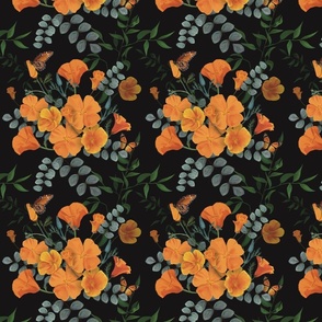 California Poppies and Monarch Butterfly on Black