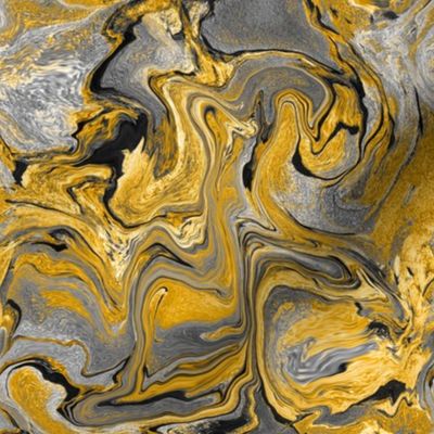 marbling, abstract small  8” repeat paint swirls, non directional honey gold and silver with black